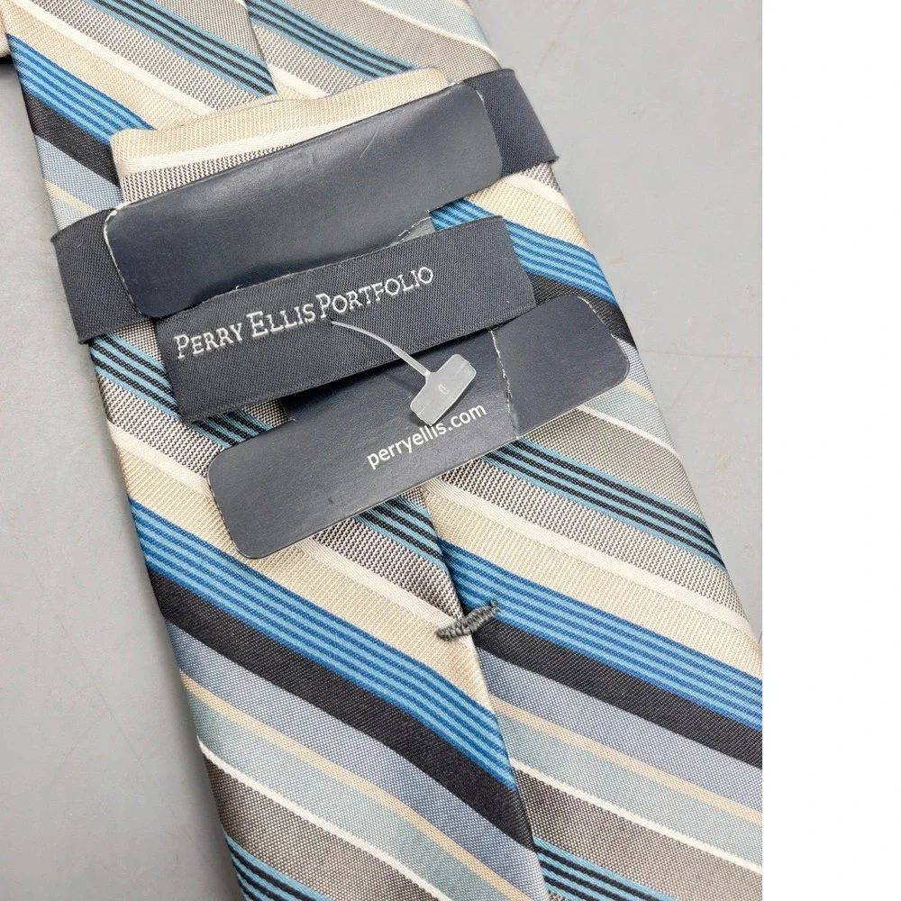 Perry Ellis Portfolio Mens 100% Silk Stripe‎ Neck Tie Blue Tan Gray Formal